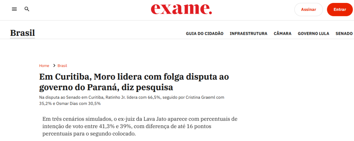Exame cita pesquisa realizada pela Paraná Pesquisas no Município de Curitiba. 2 Exame cita pesquisa realizada pela Paraná Pesquisas no Município de Curitiba.