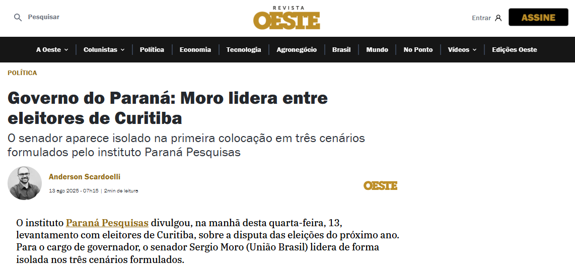 Revista Oeste cita pesquisa realizada pela Paraná Pesquisas no Município de Curitiba. 2 Revista Oeste cita pesquisa realizada pela Paraná Pesquisas no Município de Curitiba.