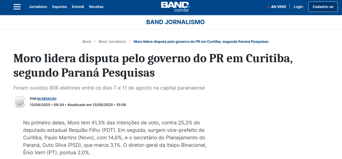 Band cita pesquisa realizada pela Paraná Pesquisas no Município de Curitiba. 2 Band cita pesquisa realizada pela Paraná Pesquisas no Município de Curitiba.