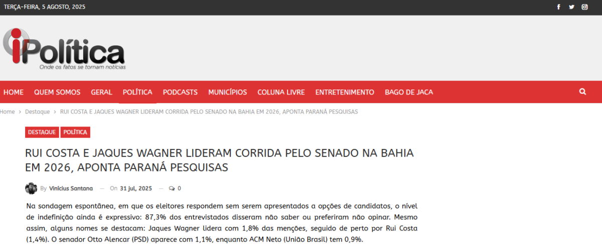 I Política cita pesquisa realizada pela Paraná Pesquisas no Estado da Bahia.