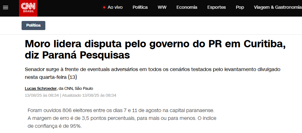 CNN Brasil cita pesquisa realizada pela Paraná Pesquisas no Município de Curitiba. 2 CNN Brasil cita pesquisa realizada pela Paraná Pesquisas no Município de Curitiba.
