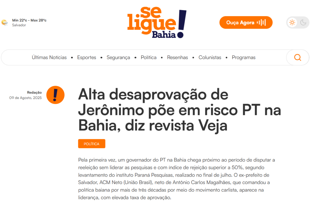 Se Ligue Bahia cita pesquisa realizada pela Paraná Pesquisas no Estado da Bahia. 2 Se Ligue Bahia cita pesquisa realizada pela Paraná Pesquisas no Estado da Bahia.