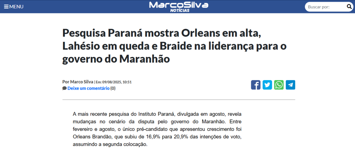 Blog Marco Silva cita pesquisa realizada pela Paraná Pesquisas no Estado do Maranhão.
