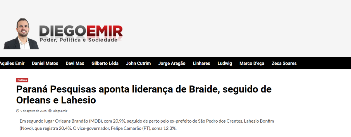 Blog Diego Emir cita pesquisa realizada pela Paraná Pesquisas no Estado do Maranhão.