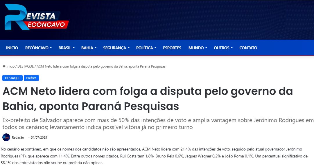 Revista Recôncavo cita pesquisa realizada pela Paraná Pesquisas no Estado da Bahia.