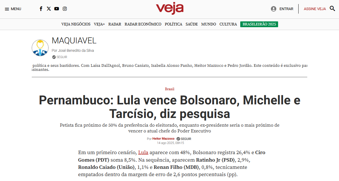 Veja cita pesquisa realizada pela Paraná Pesquisas no Estado de Pernambuco.