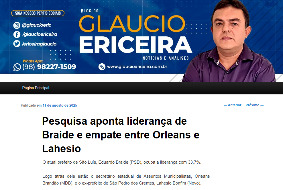 Blog Glaucio Ericeira cita pesquisa realizada pela Paraná Pesquisas no Estado do Maranhão. 2 Blog Glaucio Ericeira cita pesquisa realizada pela Paraná Pesquisas no Estado do Maranhão.