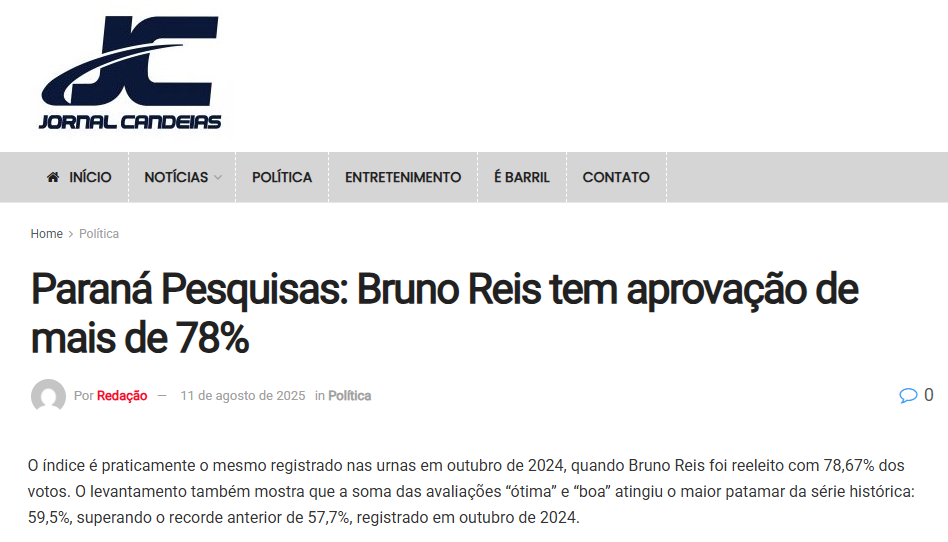 Jornal Candeias cita pesquisa realizada pela Paraná Pesquisas no Município de Salvador.
