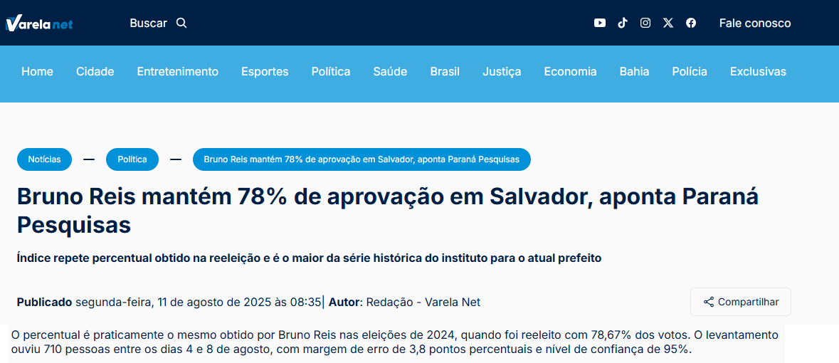Varela Net cita pesquisa realizada pela Paraná Pesquisas no Município de Salvador. 2 Varela Net cita pesquisa realizada pela Paraná Pesquisas no Município de Salvador.