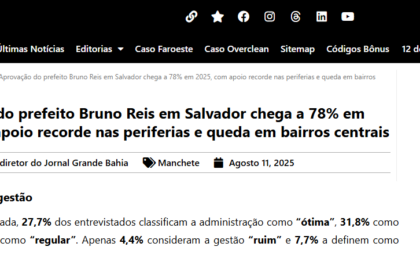 Jornal Grande Bahia cita pesquisa realizada pela Paraná Pesquisas no Município de Salvador.