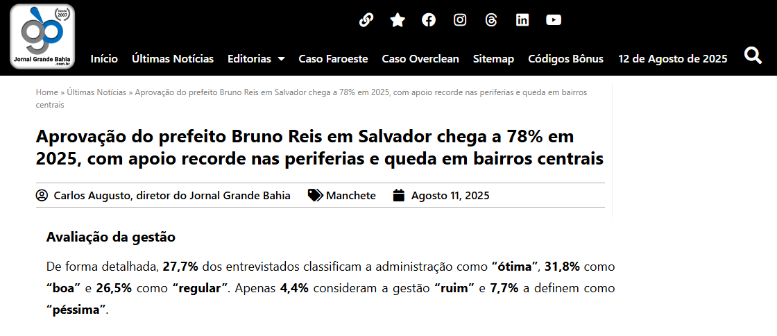 Jornal Grande Bahia cita pesquisa realizada pela Paraná Pesquisas no Município de Salvador.