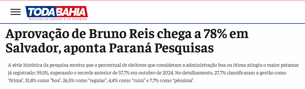 Toda Bahia cita pesquisa realizada pela Paraná Pesquisas no Município de Salvador. 2 Toda Bahia cita pesquisa realizada pela Paraná Pesquisas no Município de Salvador.