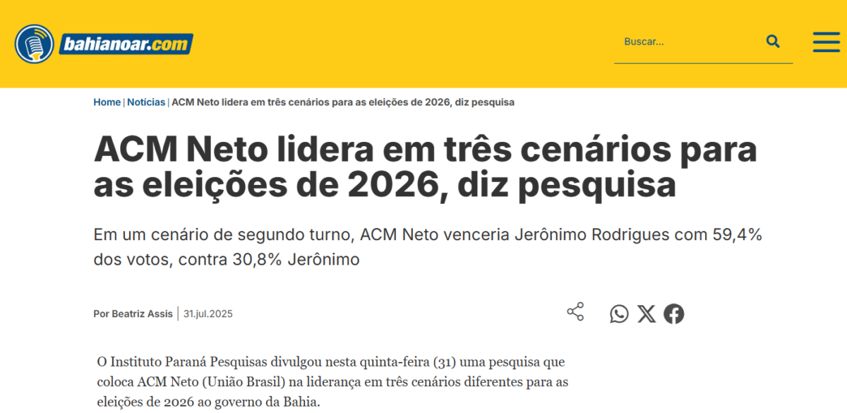 Bahia no Ar cita pesquisa realizada pela Paraná Pesquisas no Estado da Bahia. 2 Bahia no Ar cita pesquisa realizada pela Paraná Pesquisas no Estado da Bahia.
