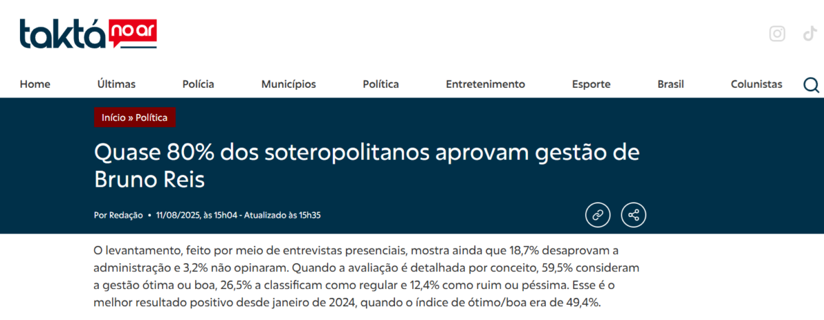 TakTá cita pesquisa realizada pela Paraná Pesquisas no Município de Salvador.