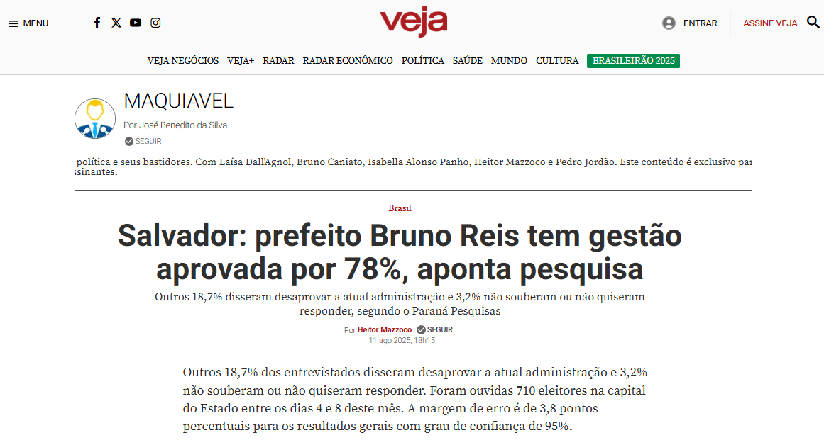 Veja cita pesquisa realizada pela Paraná Pesquisas no Município de Salvador.