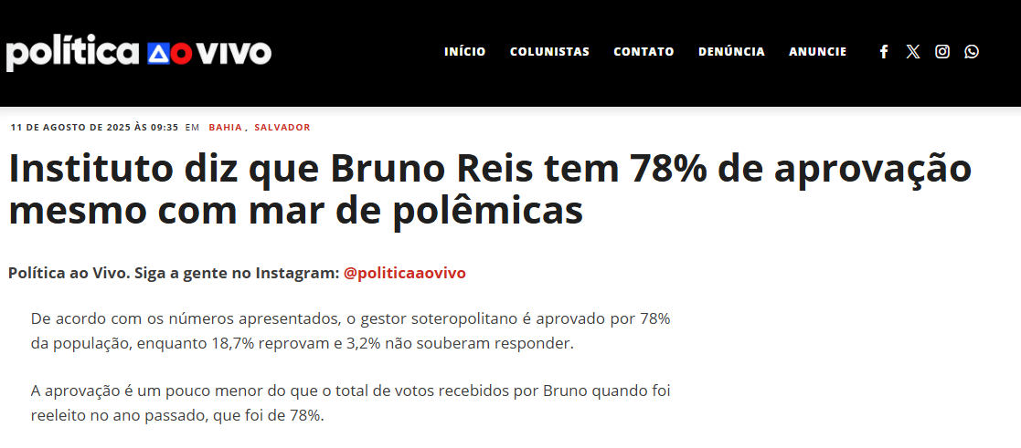 Política ao Vivo cita pesquisa realizada pela Paraná Pesquisas no Município de Salvador. 2 Política ao Vivo cita pesquisa realizada pela Paraná Pesquisas no Município de Salvador.