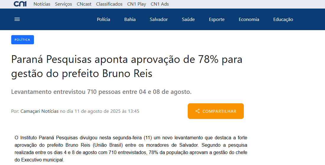 CN1 cita pesquisa realizada pela Paraná Pesquisas no Município de Salvador.