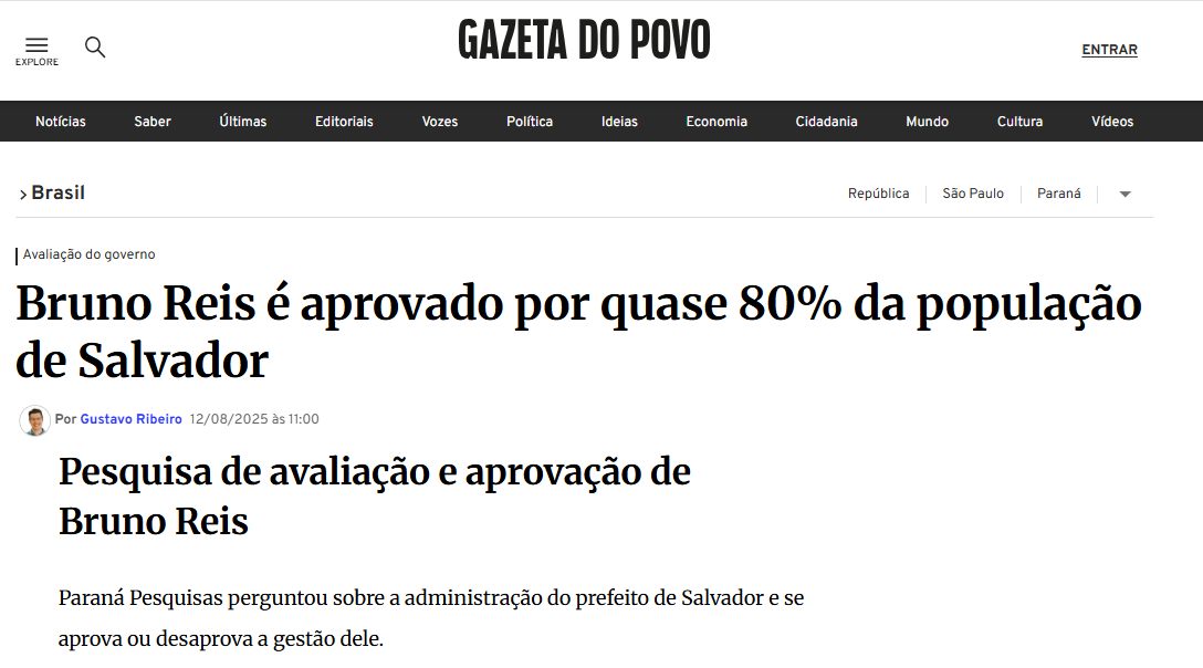 Gazeta do Povo cita pesquisa realizada pela Paraná Pesquisas no Município de Salvador. 2 Gazeta do Povo cita pesquisa realizada pela Paraná Pesquisas no Município de Salvador.