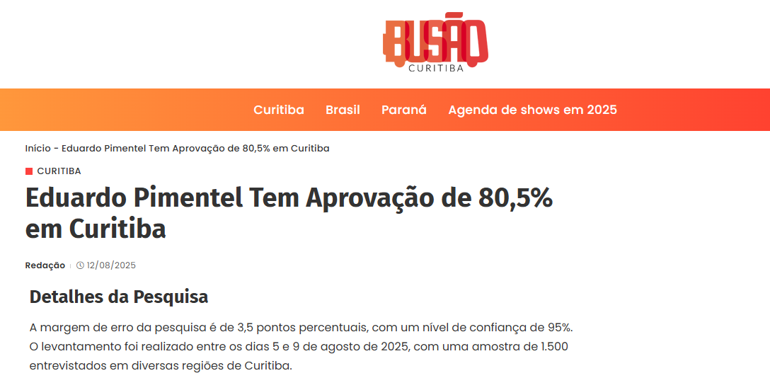 Busão Curitiba cita pesquisa realizada pela Paraná Pesquisas no Município de Curitiba.