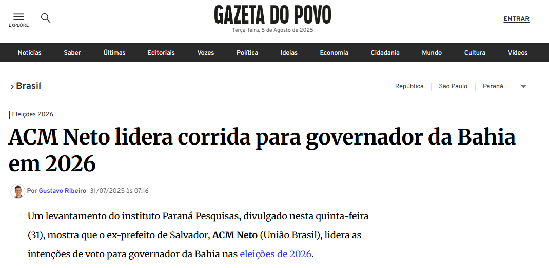 Gazeta do Povo cita pesquisa realizada pela Paraná Pesquisas no Estado da Bahia.