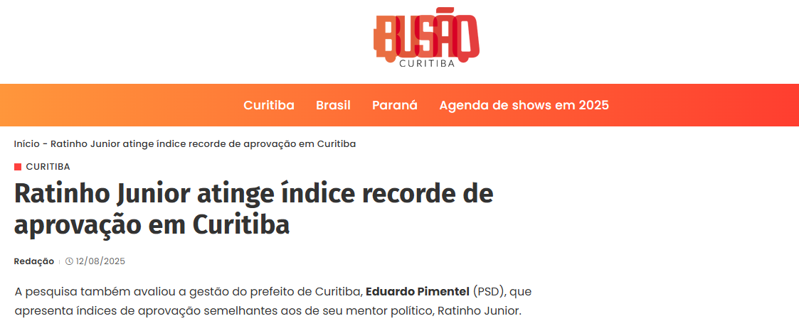 Busão Curitiba cita pesquisa realizada pela Paraná Pesquisas no Município de Curitiba.