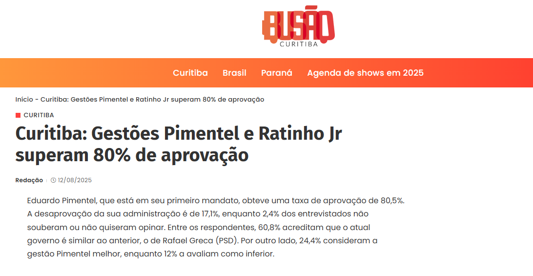 Busão Curitiba cita pesquisa realizada pela Paraná Pesquisas no Município de Curitiba.