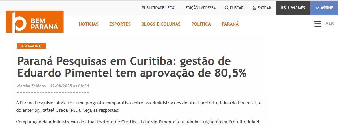 Bem Paraná cita pesquisa realizada pela Paraná Pesquisas no Município de Curitiba.