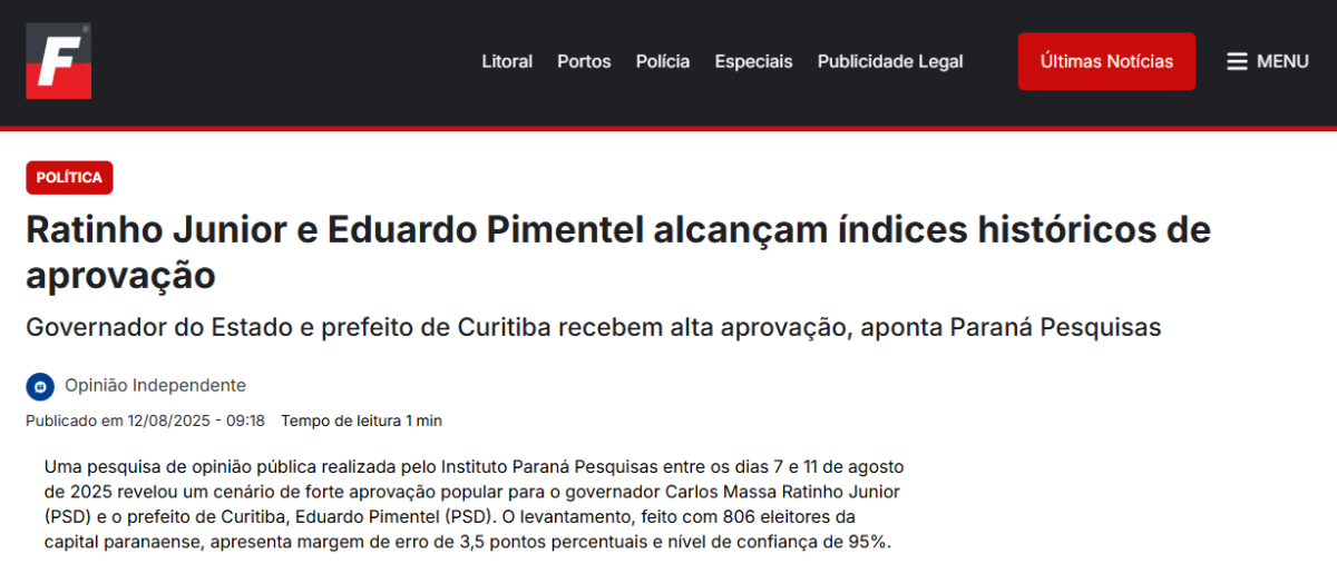 Folha do Litoral cita pesquisa realizada pela Paraná Pesquisas no Município de Curitiba.