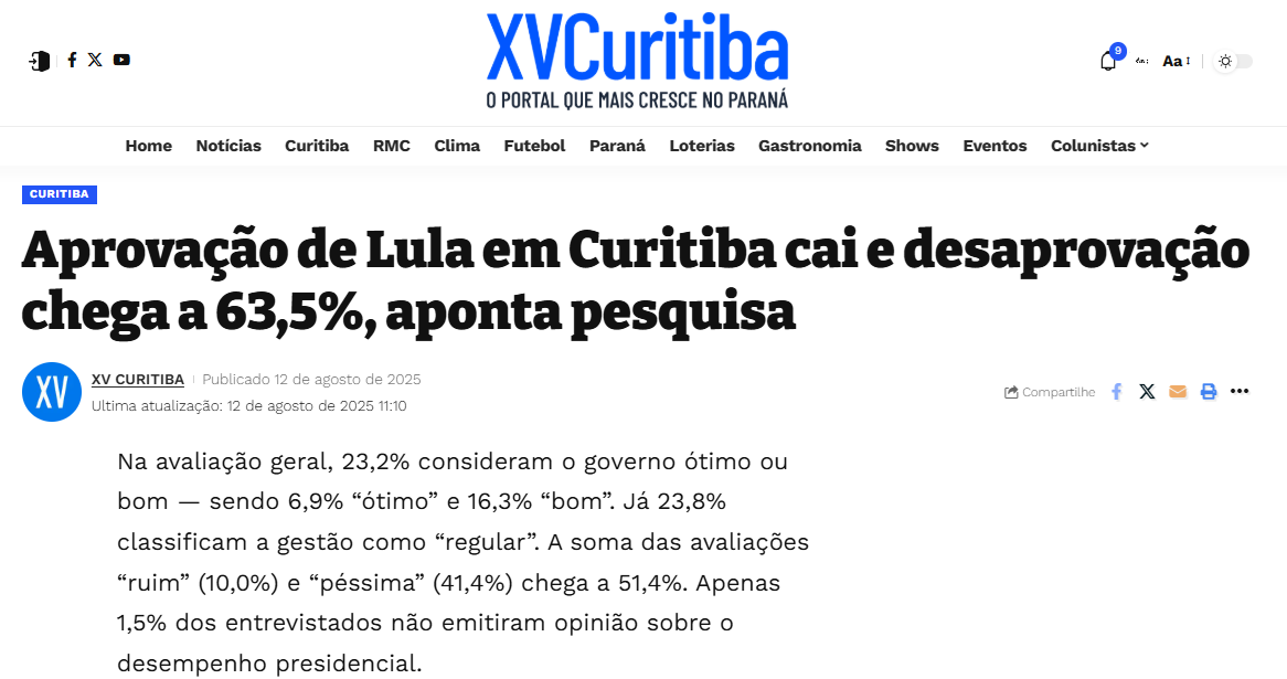 XV Curitiba cita pesquisa realizada pela Paraná Pesquisas no Município de Curitiba. 2 XV Curitiba cita pesquisa realizada pela Paraná Pesquisas no Município de Curitiba.