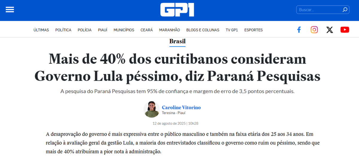 GP1 cita pesquisa realizada pela Paraná Pesquisas no Município de Curitiba.