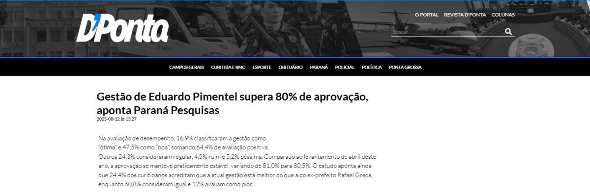 D'Ponta cita pesquisa realizada pela Paraná Pesquisas no Município de Curitiba.