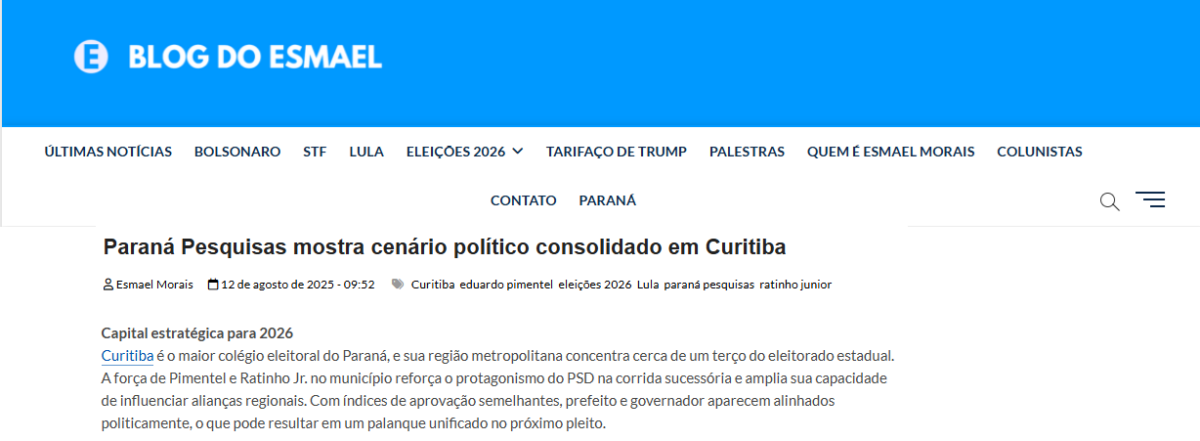 Blog do Esmael cita pesquisa realizada pela Paraná Pesquisas no Município de Curitiba.