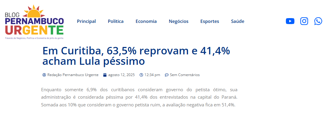 Blog Pernambuco Urgente cita pesquisa realizada pela Paraná Pesquisas no Município de Curitiba.