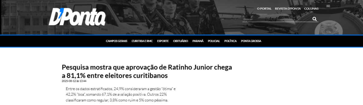D'Ponta cita pesquisa realizada pela Paraná Pesquisas no Município de Curitiba.