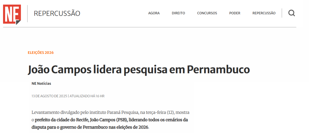 NE Notícias cita pesquisa realizada pela Paraná Pesquisas no Estado de Pernambuco.