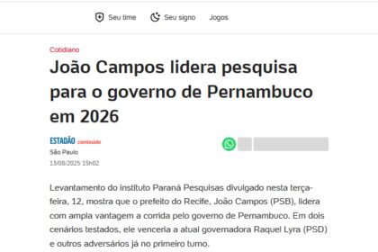 UOL Notícias cita pesquisa realizada pela Paraná Pesquisas no Estado de Pernambuco.