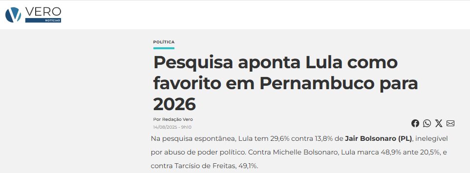 Vero Notícias cita pesquisa realizada pela Paraná Pesquisas no Estado de Pernambuco.