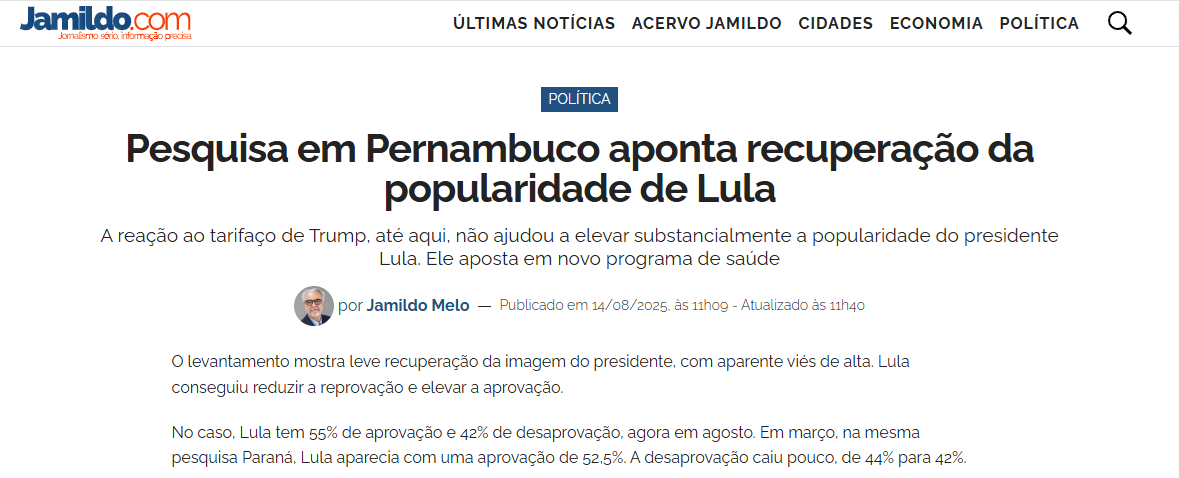 Blog Jamildo cita pesquisa realizada pela Paraná Pesquisas no Estado de Pernambuco.