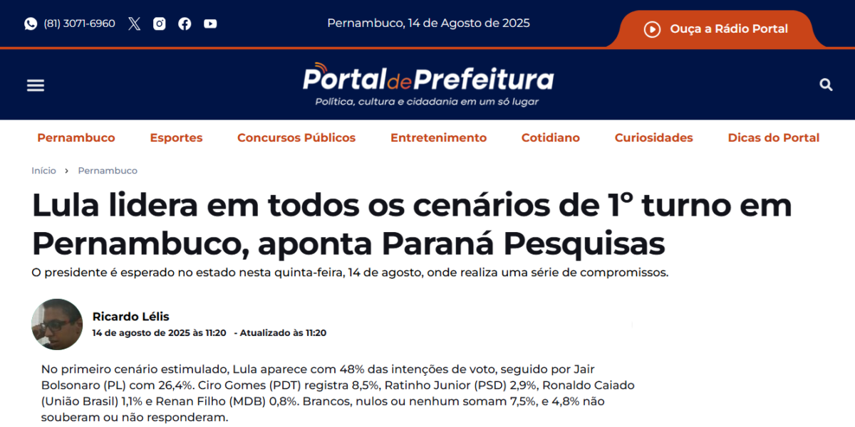 Portal de Prefeitura cita pesquisa realizada pela Paraná Pesquisas no Estado de Pernambuco. 2 Portal de Prefeitura cita pesquisa realizada pela Paraná Pesquisas no Estado de Pernambuco.