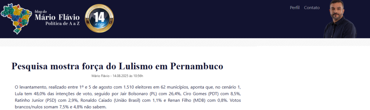 Blog do Mário Flávio cita pesquisa realizada pela Paraná Pesquisas no Estado de Pernambuco. 2 Blog do Mário Flávio cita pesquisa realizada pela Paraná Pesquisas no Estado de Pernambuco.