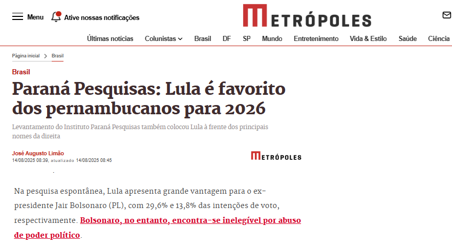 Metrópoles cita pesquisa realizada pela Paraná Pesquisas no Estado de Pernambuco.