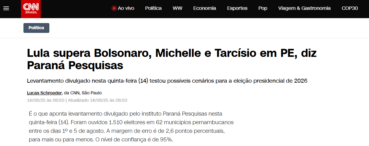 CNN Brasil cita pesquisa realizada pela Paraná Pesquisas no Estado de Pernambuco.