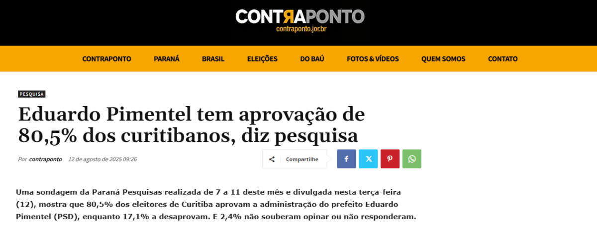 Contra Ponto cita pesquisa realizada pela Paraná Pesquisas no Município de Curitiba.