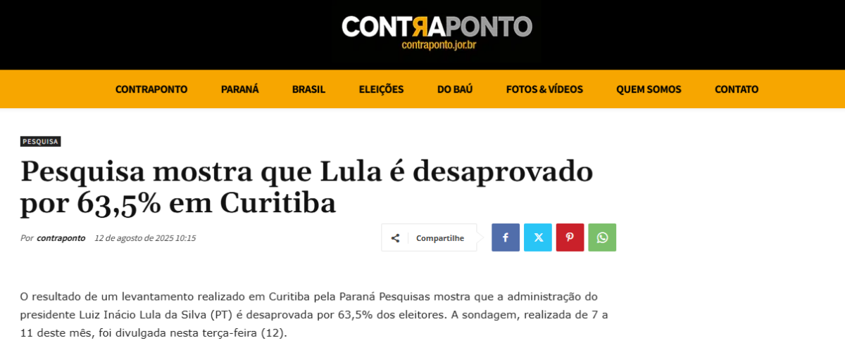 Contra Ponto cita pesquisa realizada pela Paraná Pesquisas no Município de Curitiba.