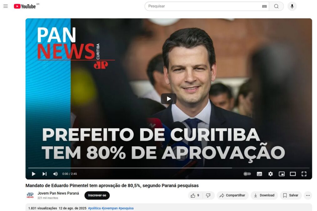 Jovem Pan News Paraná cita pesquisa realizada pela Paraná Pesquisas no Município de Curitiba.