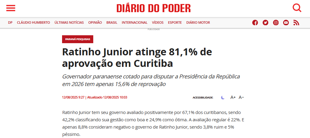 Diário do Poder cita pesquisa realizada pela Paraná Pesquisas no Município de Curitiba.