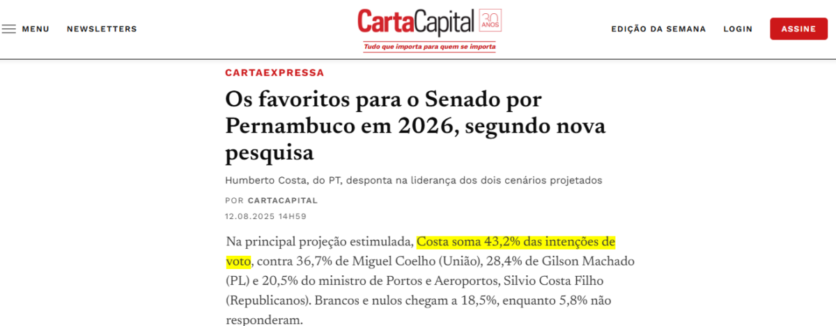 Carta Capital cita pesquisa realizada pela Paraná Pesquisas no Estado de Pernambuco.