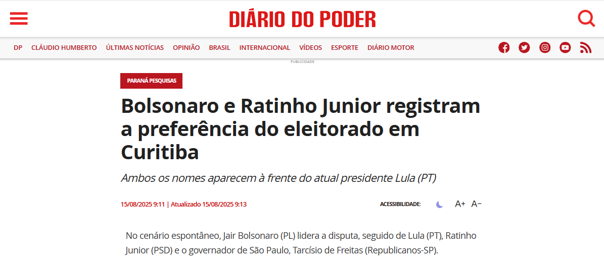 Diário do Poder cita pesquisa realizada pela Paraná Pesquisas no Município de Curitiba.