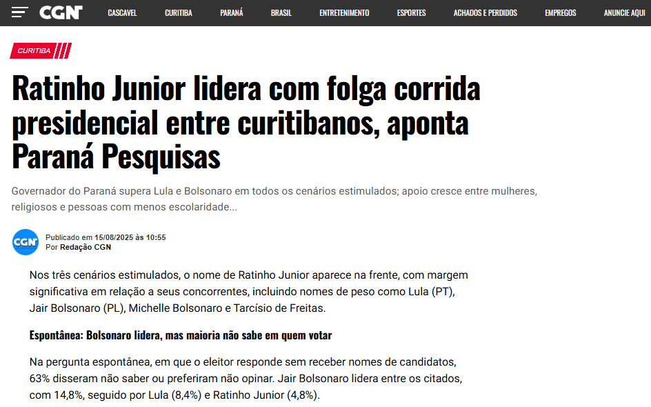 CGN cita pesquisa realizada pela Paraná Pesquisas no Município de Curitiba.