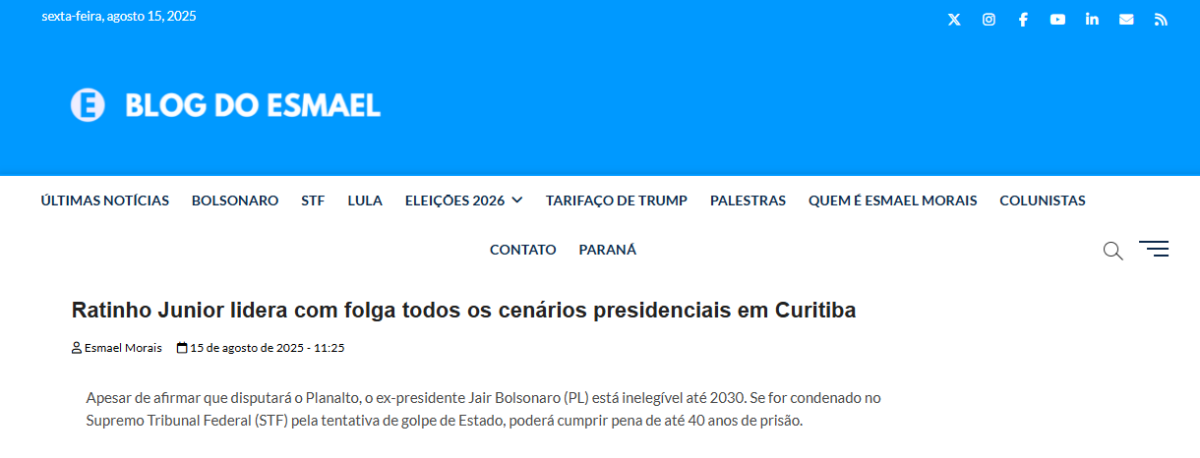 Blog do Esmael cita pesquisa realizada pela Paraná Pesquisas no Município de Curitiba.